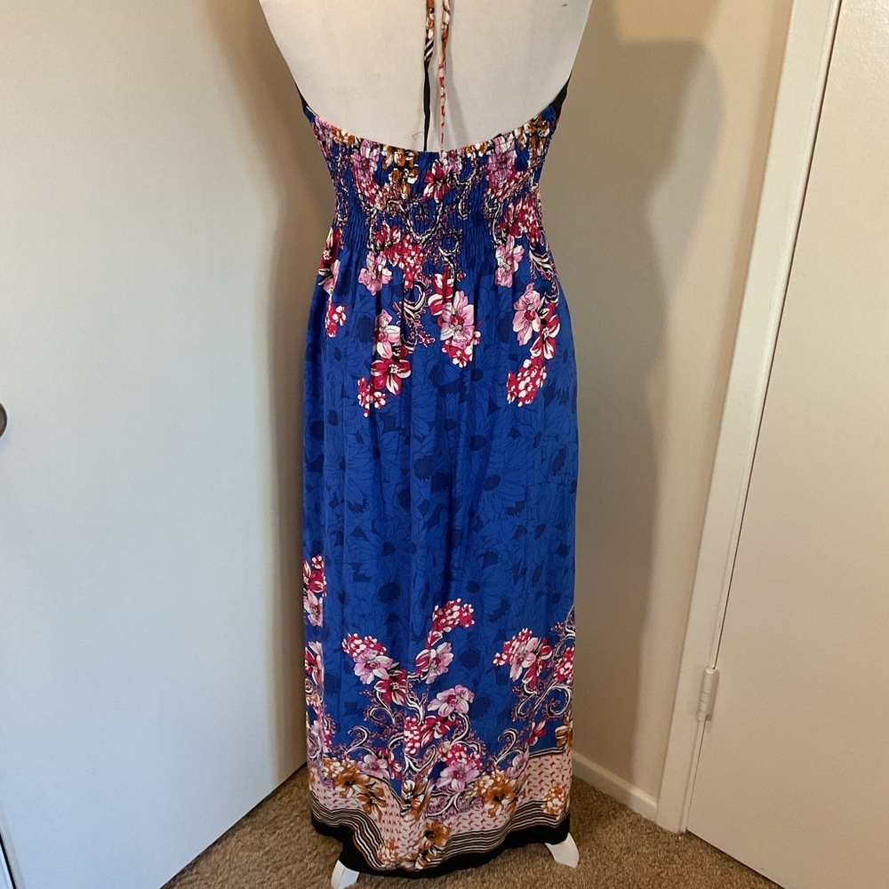 NWT La La Muse Blue Black Floral Strapless Halter Maxi Dress Size XL Boho Chic - Picture 6 of 7